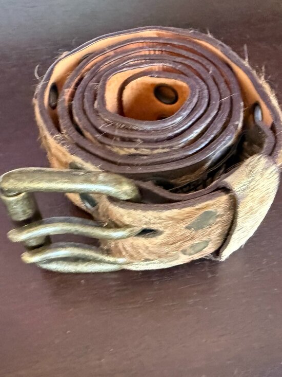 Gold hair-on hyde & leather belt with gold/brass hardware. main image 4